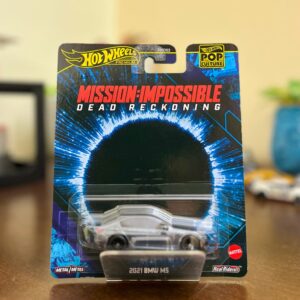 Hot Wheels Premium 2021 BMW M5 Mission Impossible Dead Reckoning die-cast model in metal-flake silver.