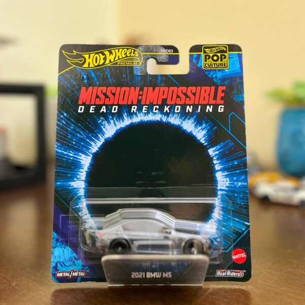 Hot Wheels Premium 2021 BMW M5 Mission Impossible Dead Reckoning die-cast model in metal-flake silver.