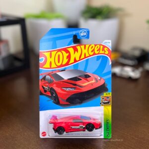 Imported Hot Wheels Lamborghini Huracán LP 620-2 Super Trofeo HW Exotics red die-cast model.