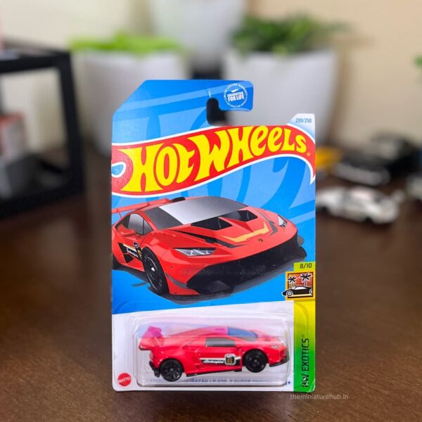Imported Hot Wheels Lamborghini Huracán LP 620-2 Super Trofeo HW Exotics red die-cast model.