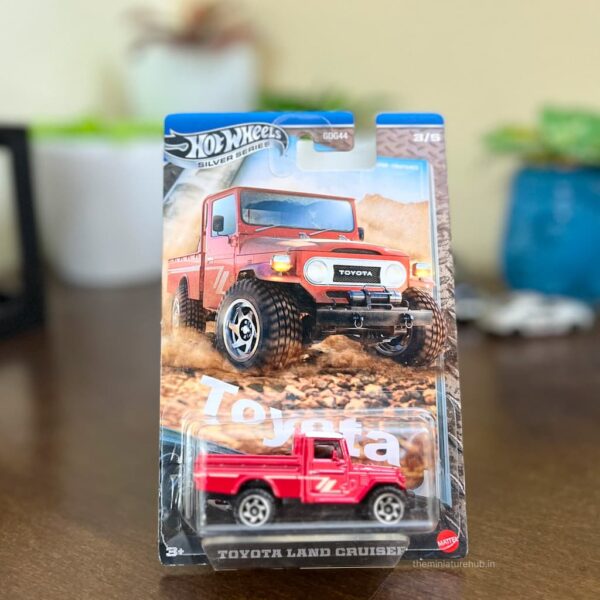 Hot Wheels Silver Series Toyota Land Cruiser Classic Red Pickup die-cast model.