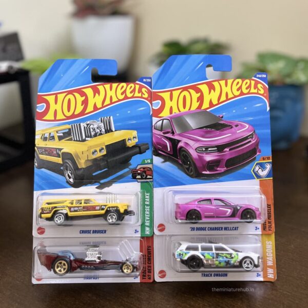 Hot Wheels 20 Dodge Charger Hellcat, Track Dwagon, Cruise Bruiser & Madfast Pack of 4 Die-Cast Cars