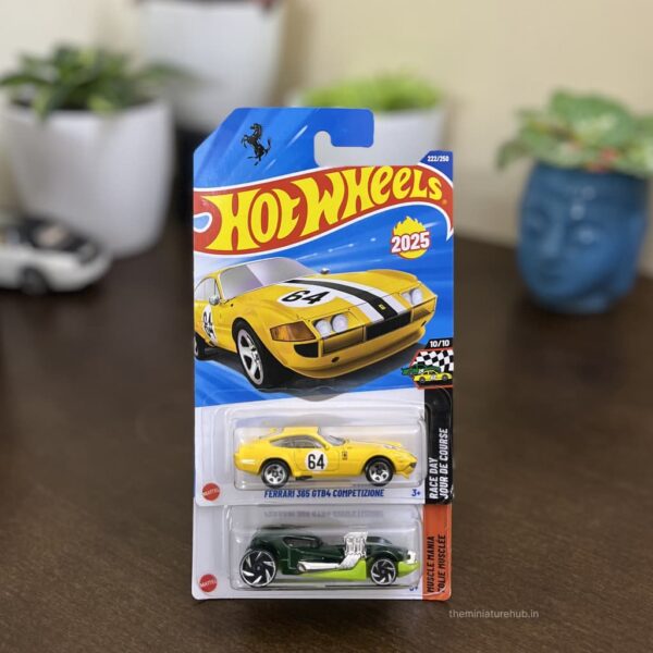 Hot Wheels Pack of 2 featuring Ferrari 365 GTB4 Competizione and Mod Mill. Authentic 1:64 scale diecast combo from Race Day and Muscle Mania series, available at The Miniature Hub.
