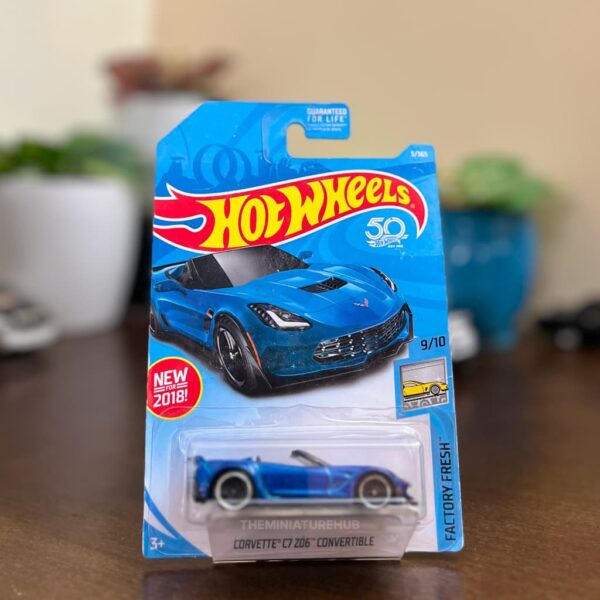 Hot Wheels Corvette C7 Z06 Convertible Blue Factory Fresh 50th Anniversary 2018 USA card minor scratches
