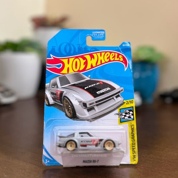 Hot Wheels Mazda RX-7 Silver HW Speed Graphics 2/10 USA card minor card wear